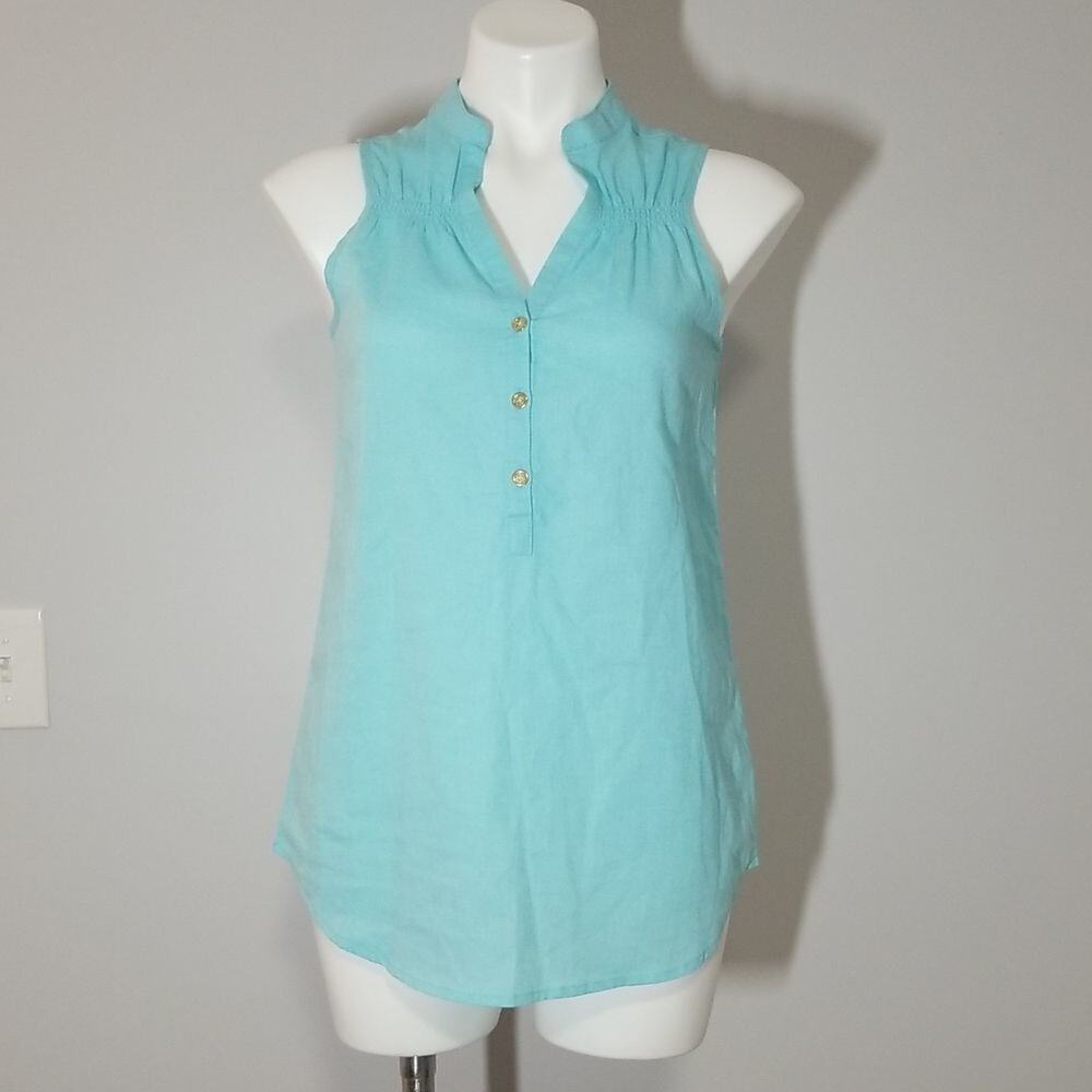 Lauren James Aqua Blue Linen Blend Sleeveless V-Neck Blouse - Size Small - NWT